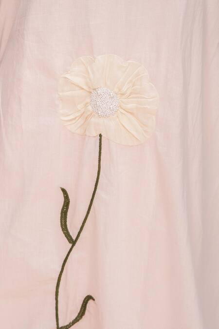 Shop_Ourdve_Pink Cotton Pearls Split V-neck Floral Embroidered Kurta And Pant Set 