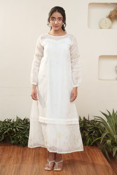 OurDve White Cotton Embroidered Floral Round Sleeve Midi Dress 