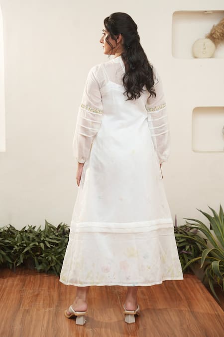 Shop Ourdve White Cotton, Chanderi Embroidery Round Neck Floral Sleeve Midi Dress at Aza Fashions Shop_Ourdve_White Cotton, Chanderi Embroidery Round Neck Floral Sleeve Midi Dress _at_Aza_Fashions