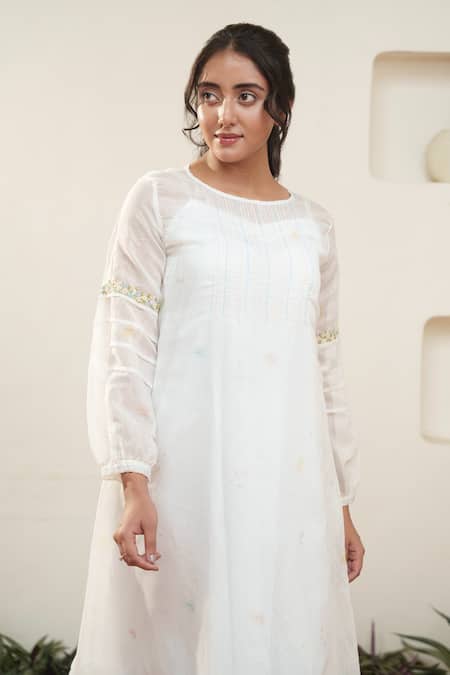 Ourdve White Cotton, Chanderi Embroidery Round Neck Floral Sleeve Midi Dress Online at Aza Fashions Ourdve_White Cotton, Chanderi Embroidery Round Neck Floral Sleeve Midi Dress _Online_at_Aza_Fashions
