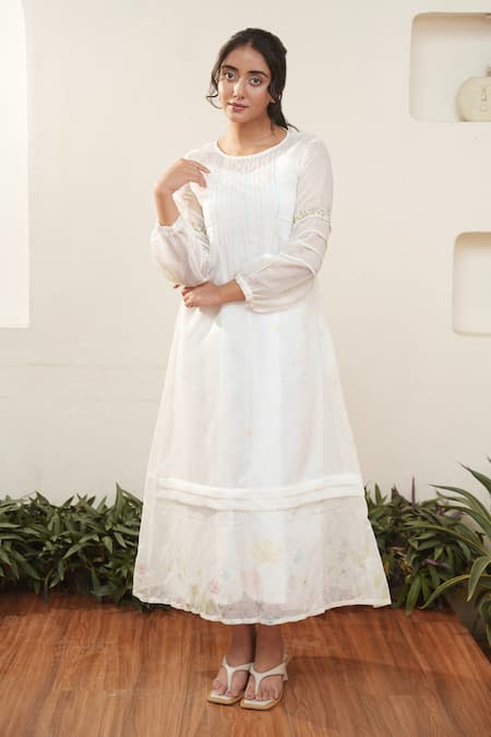 Buy Ourdve White Cotton, Chanderi Embroidery Round Neck Floral Sleeve Midi Dress Online at Aza Fashions Buy_Ourdve_White Cotton, Chanderi Embroidery Round Neck Floral Sleeve Midi Dress _Online_at_Aza_Fashions