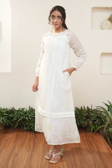 Shop Ourdve White Cotton, Chanderi Embroidery Round Neck Floral Sleeve Midi Dress Online at Aza Fashions Shop_Ourdve_White Cotton, Chanderi Embroidery Round Neck Floral Sleeve Midi Dress _Online_at_Aza_Fashions