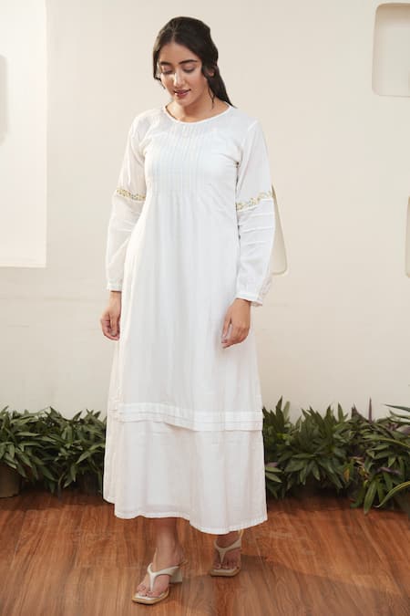 OurDve White Cotton Embroidered Floral Round Sleeve Midi Dress 