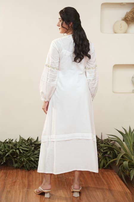 Shop Ourdve White Cotton Embroidery Round Neck Floral Sleeve Midi Dress at Aza Fashions Shop_Ourdve_White Cotton Embroidery Round Neck Floral Sleeve Midi Dress _at_Aza_Fashions