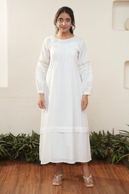 Ourdve White Cotton Embroidery Round Neck Floral Sleeve Midi Dress Online at Aza Fashions Ourdve_White Cotton Embroidery Round Neck Floral Sleeve Midi Dress _Online_at_Aza_Fashions