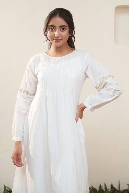 Buy Ourdve White Cotton Embroidery Round Neck Floral Sleeve Midi Dress Online at Aza Fashions Buy_Ourdve_White Cotton Embroidery Round Neck Floral Sleeve Midi Dress _Online_at_Aza_Fashions