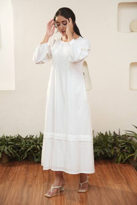 Shop Ourdve White Cotton Embroidery Round Neck Floral Sleeve Midi Dress Online at Aza Fashions Shop_Ourdve_White Cotton Embroidery Round Neck Floral Sleeve Midi Dress _Online_at_Aza_Fashions