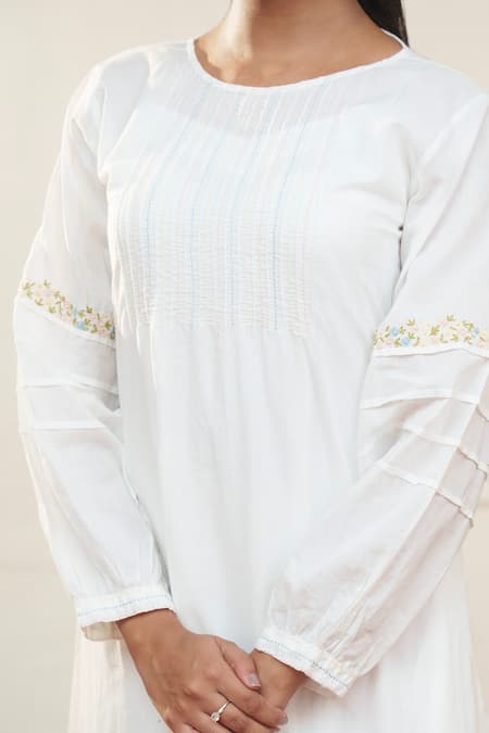 Ourdve White Cotton Embroidery Round Neck Floral Sleeve Midi Dress at Aza Fashions Ourdve_White Cotton Embroidery Round Neck Floral Sleeve Midi Dress _at_Aza_Fashions