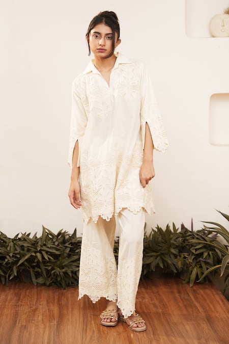 OurDve Floral Cutwork Shirt & Pant Set 