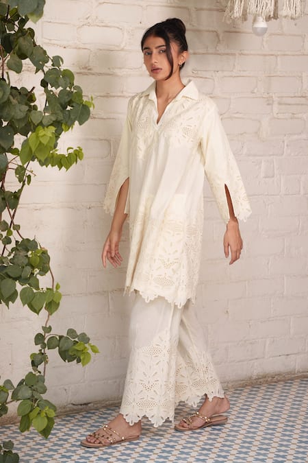 Shop OurDve Beige Cotton Cut Work Collared Floral Top And Pant Set at Aza Fashions Shop_OurDve_Beige Cotton Cut Work Collared Floral Top And Pant Set _at_Aza_Fashions