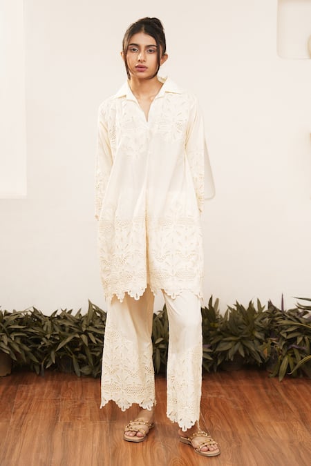 OurDve Beige Cotton Cut Work Collared Floral Top And Pant Set Online at Aza Fashions OurDve_Beige Cotton Cut Work Collared Floral Top And Pant Set _Online_at_Aza_Fashions