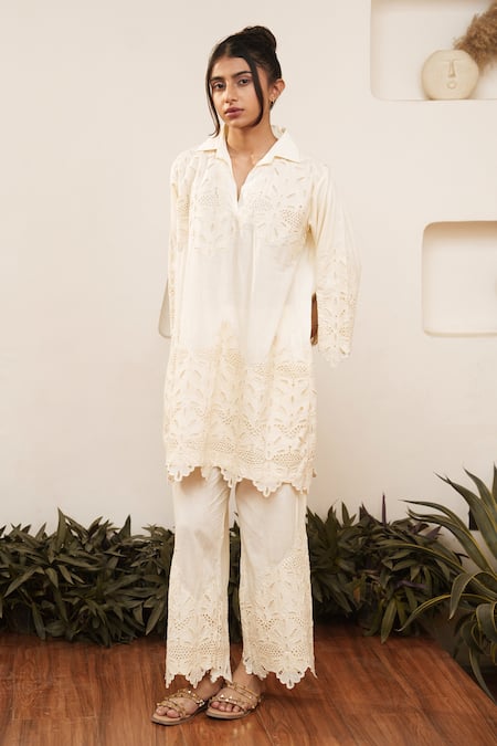 Buy OurDve Beige Cotton Cut Work Collared Floral Top And Pant Set Online at Aza Fashions Buy_OurDve_Beige Cotton Cut Work Collared Floral Top And Pant Set _Online_at_Aza_Fashions