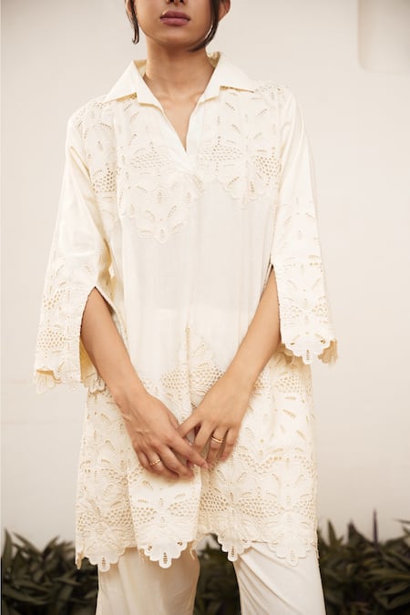 Shop OurDve Beige Cotton Cut Work Collared Floral Top And Pant Set Online at Aza Fashions Shop_OurDve_Beige Cotton Cut Work Collared Floral Top And Pant Set _Online_at_Aza_Fashions