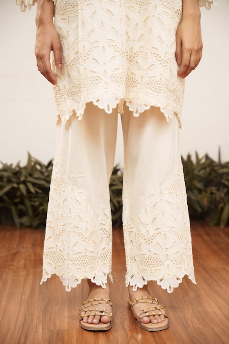 OurDve Beige Cotton Cut Work Collared Floral Top And Pant Set at Aza Fashions OurDve_Beige Cotton Cut Work Collared Floral Top And Pant Set _at_Aza_Fashions