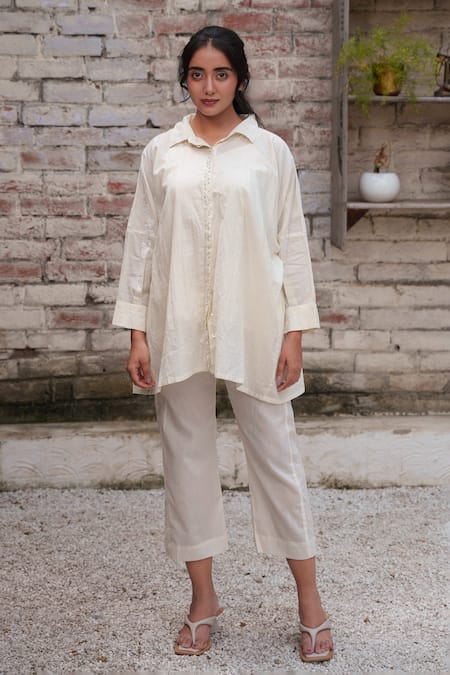 Ourdve Beige Cotton Embroidery Collared Floral Placket Top Online at Aza Fashions Ourdve_Beige Cotton Embroidery Collared Floral Placket Top _Online_at_Aza_Fashions