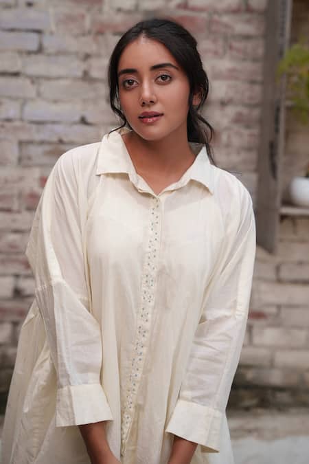 Buy Ourdve Beige Cotton Embroidery Collared Floral Placket Top Online at Aza Fashions Buy_Ourdve_Beige Cotton Embroidery Collared Floral Placket Top _Online_at_Aza_Fashions