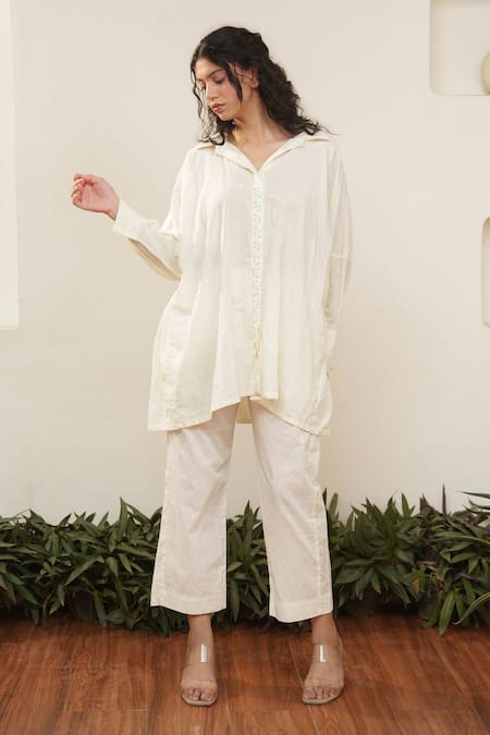 Ourdve Beige Cotton Embroidery Collared Floral Placket Top at Aza Fashions Ourdve_Beige Cotton Embroidery Collared Floral Placket Top _at_Aza_Fashions