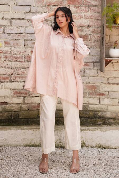 OurDve Pink Cotton Embroidery Collared Placket Top Online at Aza Fashions OurDve_Pink Cotton Embroidery Collared Placket Top _Online_at_Aza_Fashions