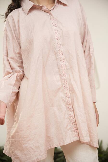 Shop OurDve Pink Cotton Embroidery Collared Placket Top Online at Aza Fashions Shop_OurDve_Pink Cotton Embroidery Collared Placket Top _Online_at_Aza_Fashions
