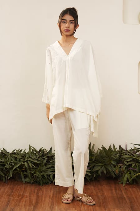 Ourdve_Beige Cotton Embroidered Thread V Neck High Low Top _Online_at_Aza_Fashions