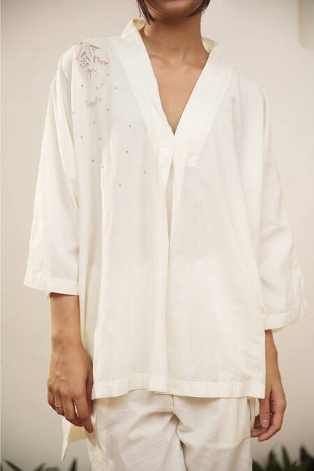 Ourdve_Beige Cotton Embroidered Thread V Neck High Low Top _at_Aza_Fashions