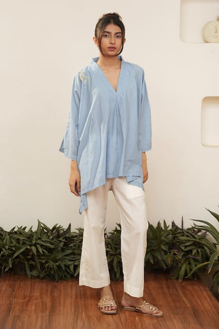 Shop_Ourdve_Blue Cotton Embroidery V-neck High Low Placement Top _at_Aza_Fashions