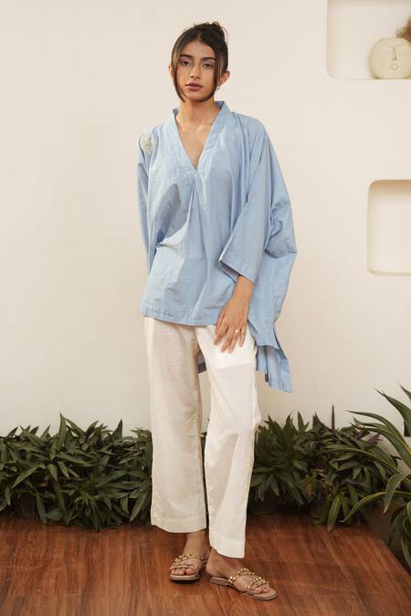 Ourdve_Blue Cotton Embroidery V-neck High Low Placement Top _Online_at_Aza_Fashions