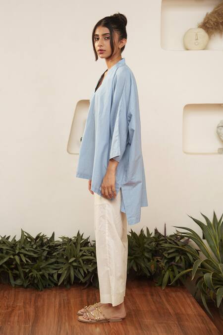 Buy_Ourdve_Blue Cotton Embroidery V-neck High Low Placement Top _Online_at_Aza_Fashions