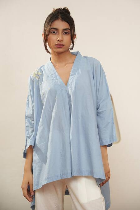 Shop_Ourdve_Blue Cotton Embroidery V-neck High Low Placement Top _Online_at_Aza_Fashions
