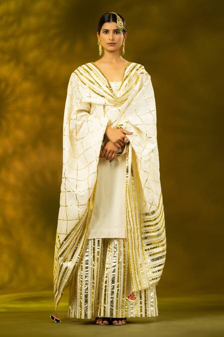 Buy_Shivani Sabharwal_White Cotton Gota Patti Round Neck Embroidered Kurta Sharara Set _Online_at_Aza_Fashions