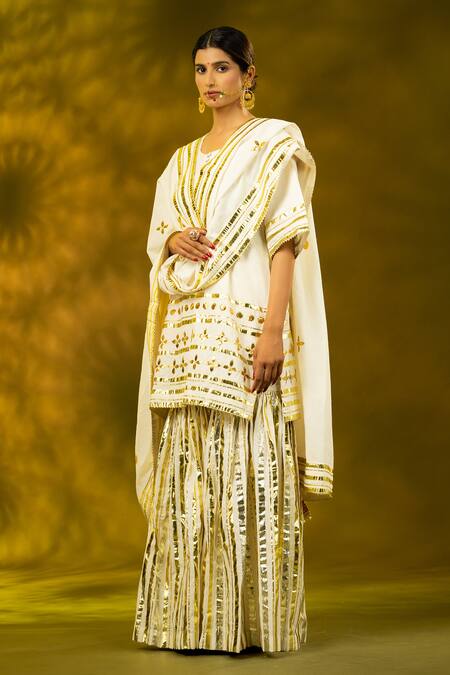 Shivani Sabharwal_White Cotton Embroidery, Gota Patti Round Neck Gold Kurta Sharara Set _Online_at_Aza_Fashions