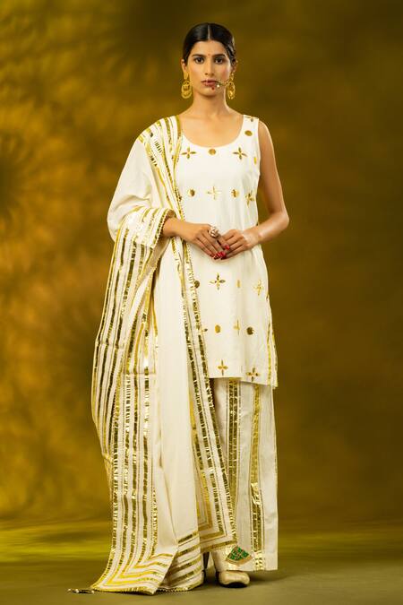 Shivani Sabharwal_White Cotton Gota Patti, Zari Round Neck Embroidered Kurta Flared Pant Set _Online_at_Aza_Fashions