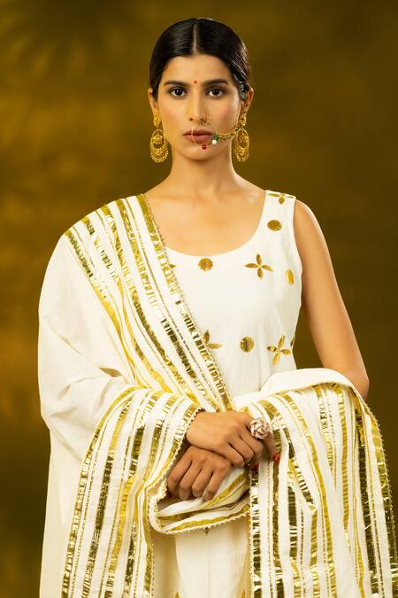 Shop_Shivani Sabharwal_White Cotton Gota Patti, Zari Round Neck Embroidered Kurta Flared Pant Set _Online_at_Aza_Fashions