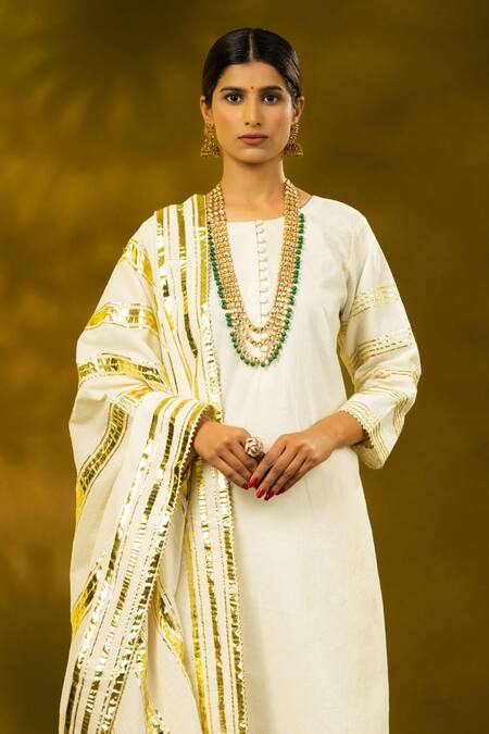 Shivani Sabharwal_White Cotton Gota Patti Round Neck Embroidered Kurta Pant Set _Online_at_Aza_Fashions