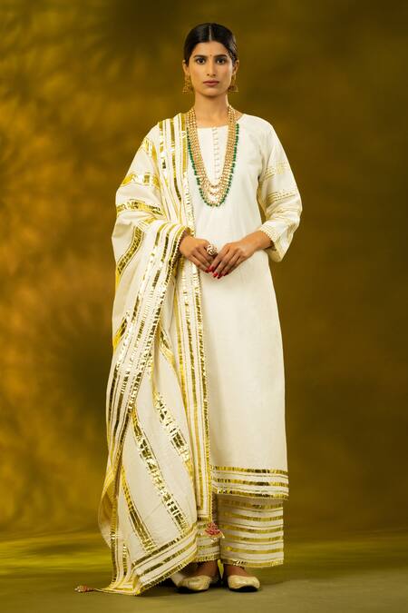 Buy_Shivani Sabharwal_White Cotton Gota Patti Round Neck Embroidered Kurta Pant Set _Online_at_Aza_Fashions