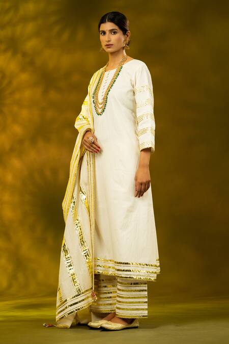 Shop_Shivani Sabharwal_White Cotton Gota Patti Round Neck Embroidered Kurta Pant Set _Online_at_Aza_Fashions
