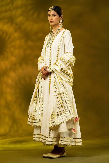 Shivani Sabharwal White Cotton Gota Patti, Sequins Round Neck Embroidered Anarkali Pant Set Online at Aza Fashions Shivani Sabharwal_White Cotton Gota Patti, Sequins Round Neck Embroidered Anarkali Pant Set _Online_at_Aza_Fashions