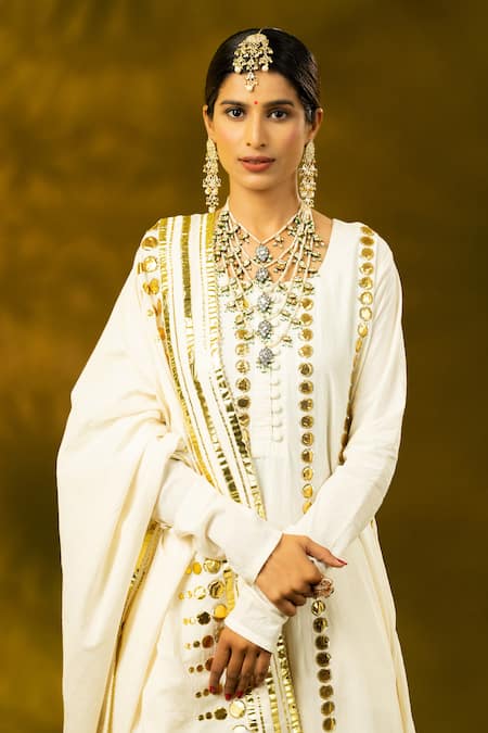 Shop Shivani Sabharwal White Cotton Gota Patti, Sequins Round Neck Embroidered Anarkali Pant Set Online at Aza Fashions Shop_Shivani Sabharwal_White Cotton Gota Patti, Sequins Round Neck Embroidered Anarkali Pant Set _Online_at_Aza_Fashions