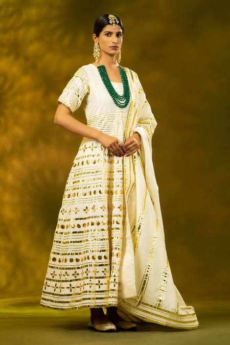 Buy_Shivani Sabharwal_White Cotton Gota Patti Round Neck Embroidered Anarkali Set _Online_at_Aza_Fashions