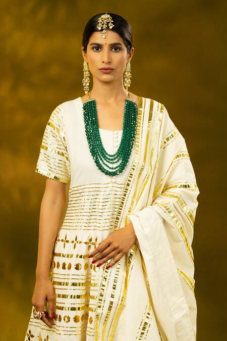 Shop_Shivani Sabharwal_White Cotton Gota Patti Round Neck Embroidered Anarkali Set _Online_at_Aza_Fashions