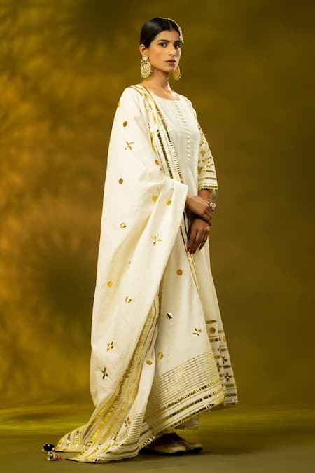 Buy_Shivani Sabharwal_White Cotton Gota Patti Round Neck Embroidered Anarkali Pant Set _Online_at_Aza_Fashions