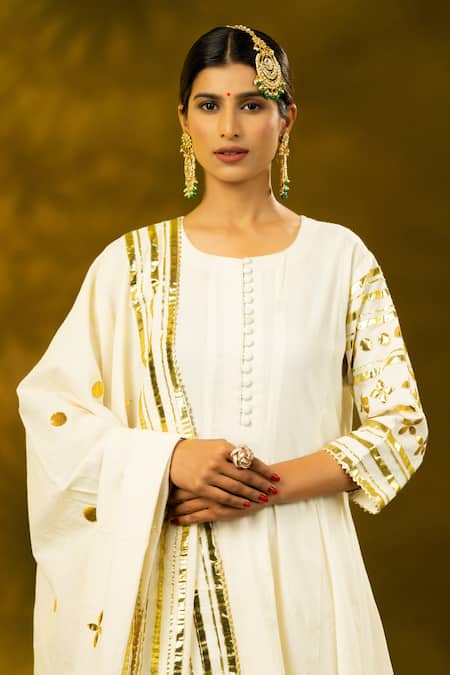 Shop_Shivani Sabharwal_White Cotton Gota Patti Round Neck Embroidered Anarkali Pant Set _Online_at_Aza_Fashions