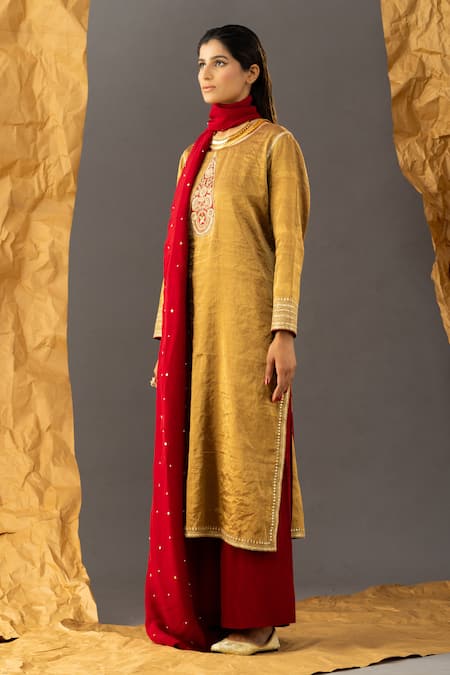 Shop_Shivani Sabharwal_Gold Handloom Cotton, Crepe, Organza Sequins, Embroidery Tissue Kurta Pant Set _Online_at_Aza_Fashions