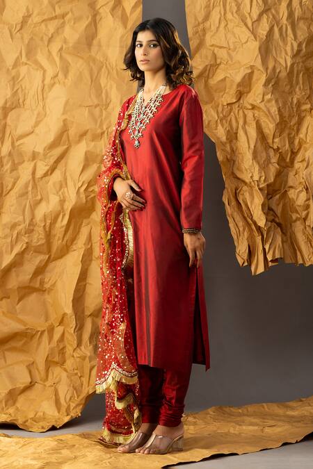 Buy_Shivani Sabharwal_Maroon Silk, Net Sequins, Embroidery Split V-neck Pure Kurta Set _Online_at_Aza_Fashions