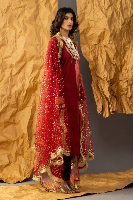 Shop_Shivani Sabharwal_Maroon Silk, Net Sequins, Embroidery Split V-neck Pure Kurta Set _Online_at_Aza_Fashions