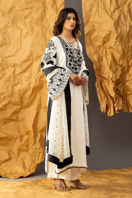Shop_Shivani Sabharwal_White Crepe, Organza Sequins, Embroidery Round Neck Floral Kurta Pant Set _Online_at_Aza_Fashions