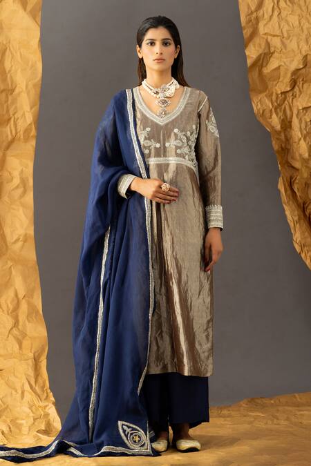 Shivani Sabharwal_Beige Handloom Cotton, Organza, Crepe Sequins, Embroidery Tissue Kurta Pant Set _Online_at_Aza_Fashions