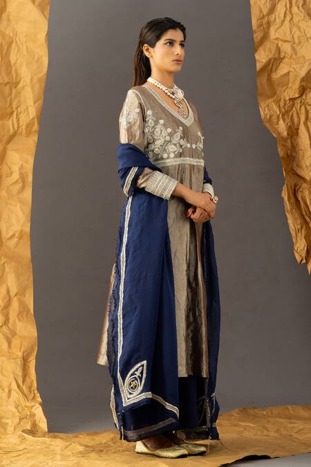 Buy_Shivani Sabharwal_Beige Handloom Cotton, Organza, Crepe Sequins, Embroidery Tissue Kurta Pant Set _Online_at_Aza_Fashions