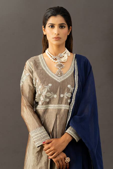 Shop_Shivani Sabharwal_Beige Handloom Cotton, Organza, Crepe Sequins, Embroidery Tissue Kurta Pant Set _Online_at_Aza_Fashions