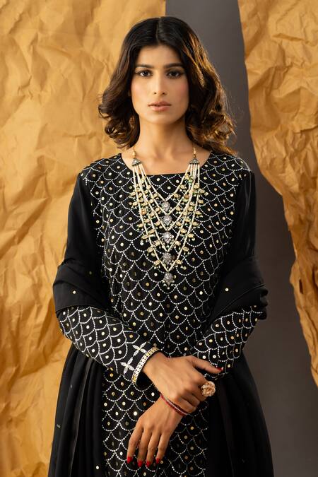 Shivani Sabharwal_Black Crepe, Organza Sequins, Embroidery Round Neck Scallop Kurta Pant Set _at_Aza_Fashions